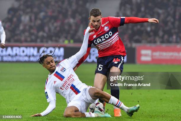 Bradley BARCOLA of Olympique Lyonnais and Gabriel GUDMUNDSSON of LOSC during the Ligue 1 Uber Eats match between Lille and Lyon at Stade Pierre...