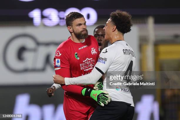 Bartlomiej Dragoski goalkeeper and Ethan Kwame Col Ampadu of Spezia Calcio celebrates after scoring a goal during the Serie A match between Spezia...