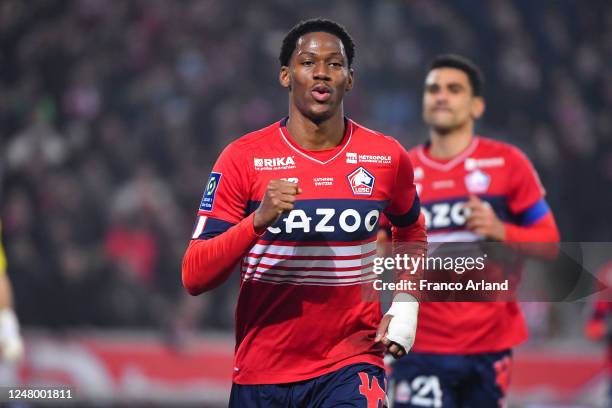 Jonathan DAVID of LOSC during the Ligue 1 Uber Eats match between Lille and Lyon at Stade Pierre Mauroy on March 10, 2023 in Lille, France.