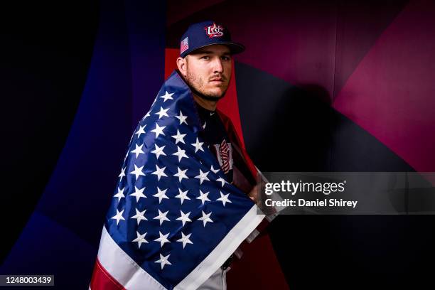 Mike Trout of Team USA poses during the 2023 WBC Workout Day Phoenix at Chase Field on Friday, March 10, 2023 in Phoenix, Arizona.