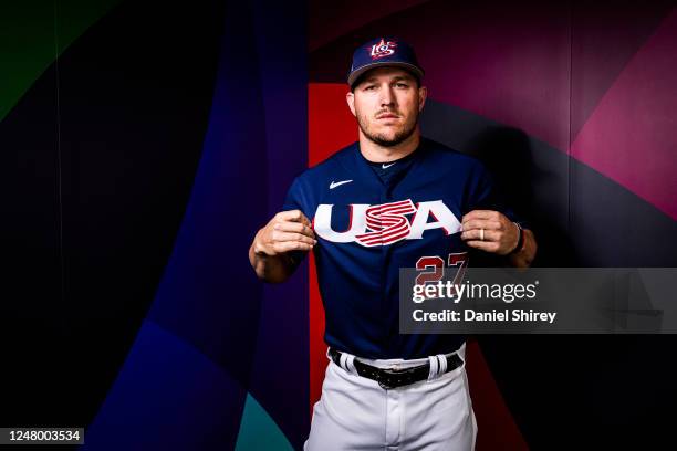 Mike Trout of Team USA poses during the 2023 WBC Workout Day Phoenix at Chase Field on Friday, March 10, 2023 in Phoenix, Arizona.