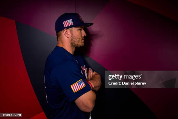 Mike Trout of Team USA poses during the 2023 WBC Workout Day Phoenix at Chase Field on Friday, March 10, 2023 in Phoenix, Arizona.