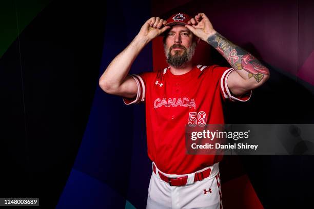 John Axford of Team Canada poses during the 2023 WBC Workout Day Phoenix at Chase Field on Friday, March 10, 2023 in Phoenix, Arizona.