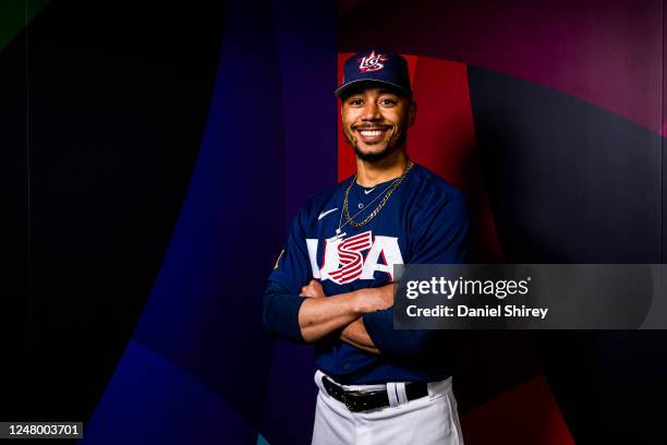 Mookie Betts of Team USA poses during the 2023 WBC Workout Day Phoenix at Chase Field on Friday, March 10, 2023 in Phoenix, Arizona.