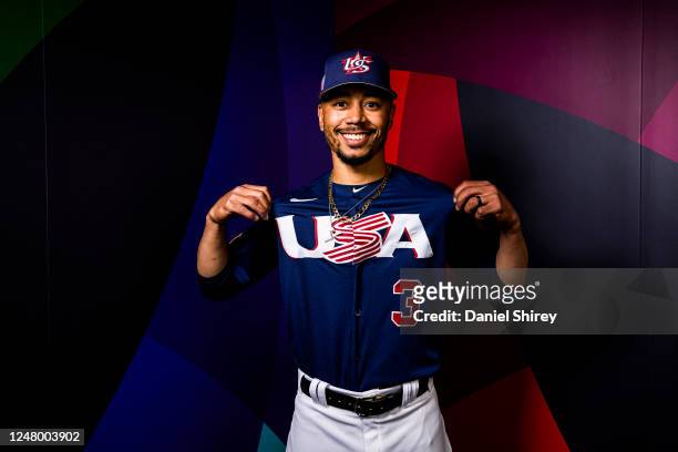 Mookie Betts of Team USA poses during the 2023 WBC Workout Day Phoenix at Chase Field on Friday, March 10, 2023 in Phoenix, Arizona.