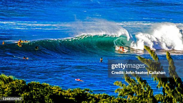 usa, hawaii, winter surfing at sunset beach - sunset beach hawaï stockfoto's en -beelden
