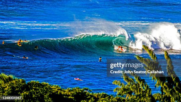 usa, hawaii, winter surfing at sunset beach - haleiwa imagens e fotografias de stock