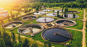 Aerial view of wastewater treatment plant, filtration of dirty or sewage water