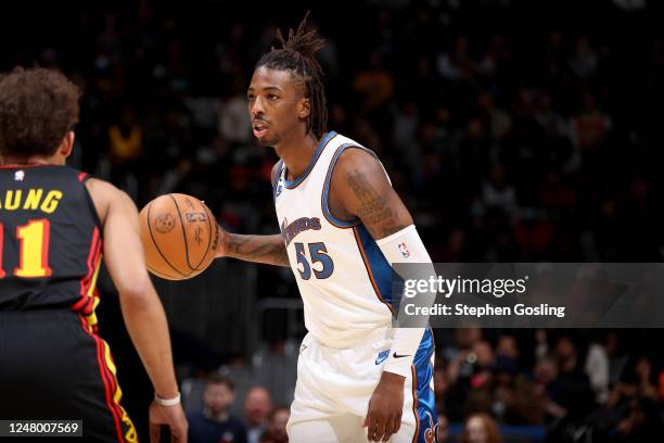 Delon Wright of the Washington Wizards handles the ball during the game against the Atlanta Hawks on March 10, 2023 at Capital One Arena in...