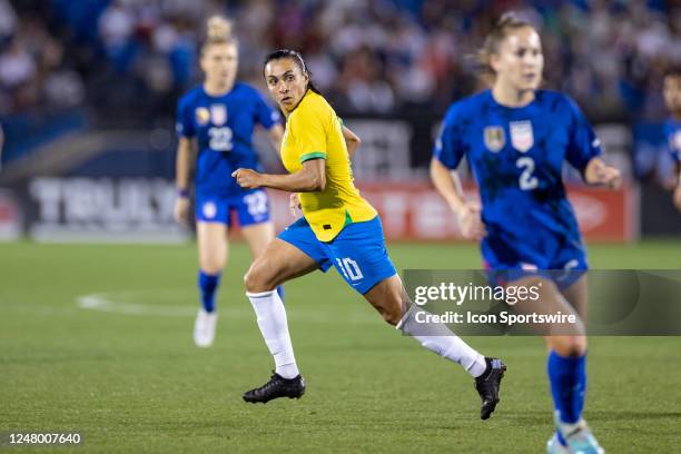 Brazil forward Marta runs up field during the SheBelieves Cup womens soccer match between the United States and Brazil on February 22, 2023 at Toyota...