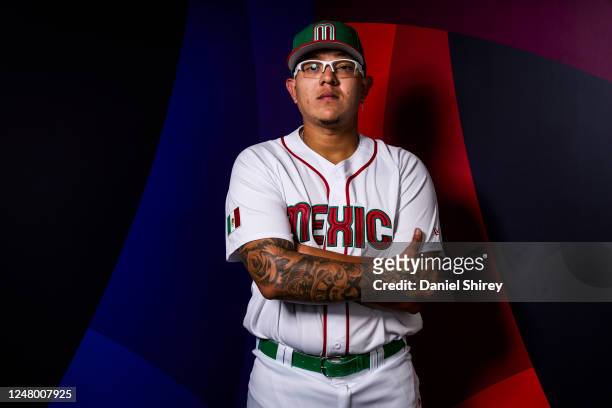 Julio Urías of Team Mexico poses during the 2023 WBC Workout Day Phoenix at Chase Field on Friday, March 10, 2023 in Phoenix, Arizona.
