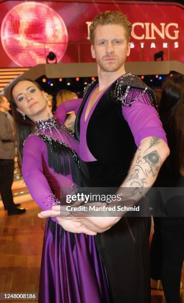 Lenka Pohoralek and Lucas Fendrich pose during the "Dancing Stars" 2023 TV Show at ORF Zentrum on March 10, 2023 in Vienna, Austria.