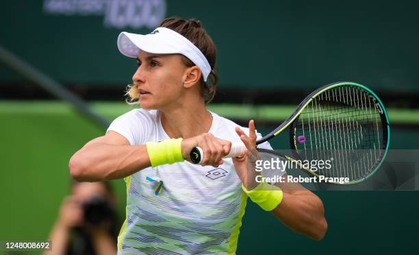 Lesia Tsurenko of Ukraine in action against Donna Vekic of Croatia during her second-round match on Day 5 of the 2023 BNP Paribas Open at the Indian...