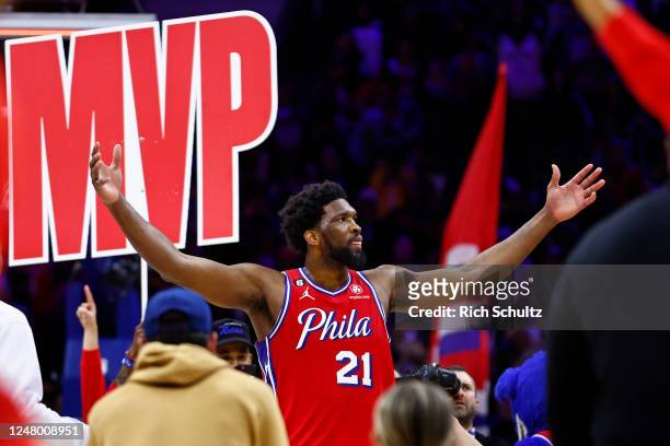 Joel Embiid of the Philadelphia 76ers celebrates after his winning basket with 1.1 seconds remaining defeated the Portland Trail Blazers 120-119 in a...