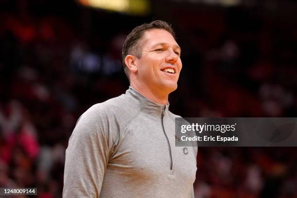 Assistant Coach Luke Walton smiles during the game between the Cleveland Cavaliers and the Miami Heat on March 10, 2023 at Miami-Dade Arena in Miami,...