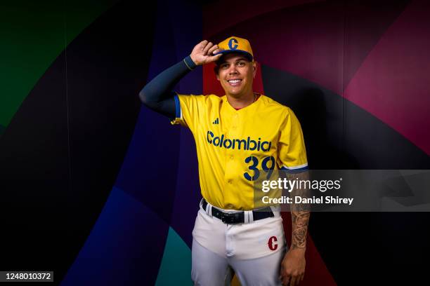 Giovanni Urshela of Team Colombia poses during the 2023 WBC Workout Day Phoenix at Chase Field on Friday, March 10, 2023 in Phoenix, Arizona.