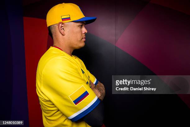 Giovanni Urshela of Team Colombia poses during the 2023 WBC Workout Day Phoenix at Chase Field on Friday, March 10, 2023 in Phoenix, Arizona.
