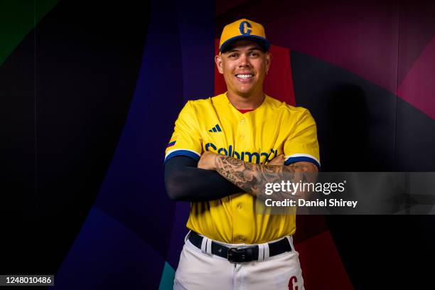 Giovanni Urshela of Team Colombia poses during the 2023 WBC Workout Day Phoenix at Chase Field on Friday, March 10, 2023 in Phoenix, Arizona.