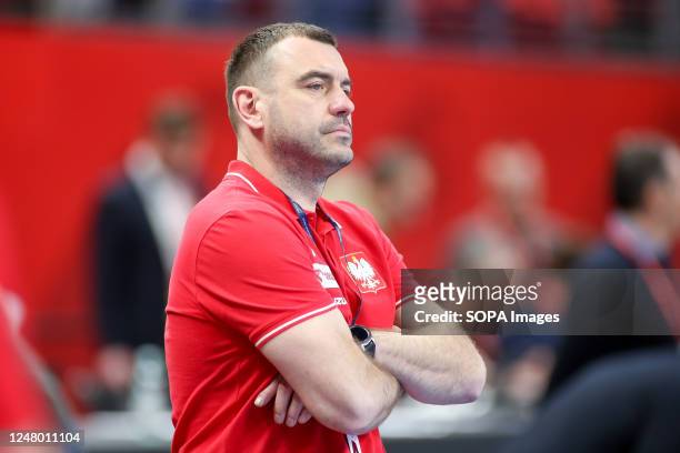 Coach Bartosz Jurecki seen during the 2nd phase of EHF 2024 qualification match between Poland and France at Ergo Arena. .