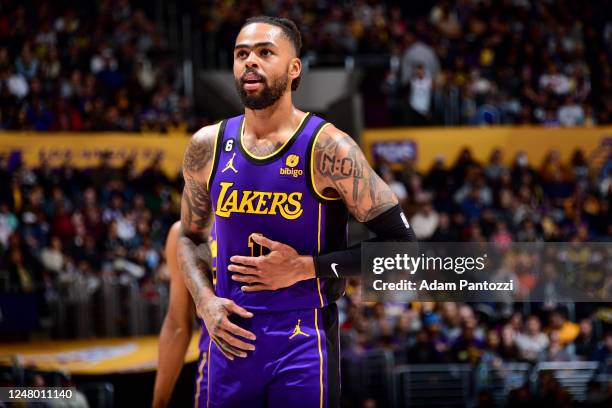 Angelo Russell of the Los Angeles Lakers looks on during the game against the Toronto Raptors on March 10, 2023 at Crypto.Com Arena in Los Angeles,...