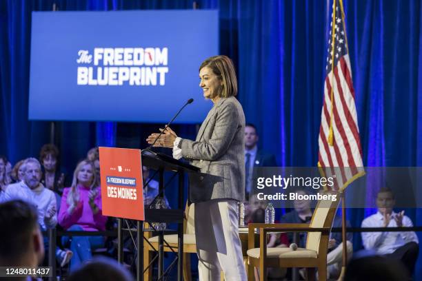 Kim Reynolds, governor of Iowa, during a Freedom Blueprint event in Des Moines, Iowa, US, on Friday, March 10, 2023. Florida Governor Ron DeSantis...