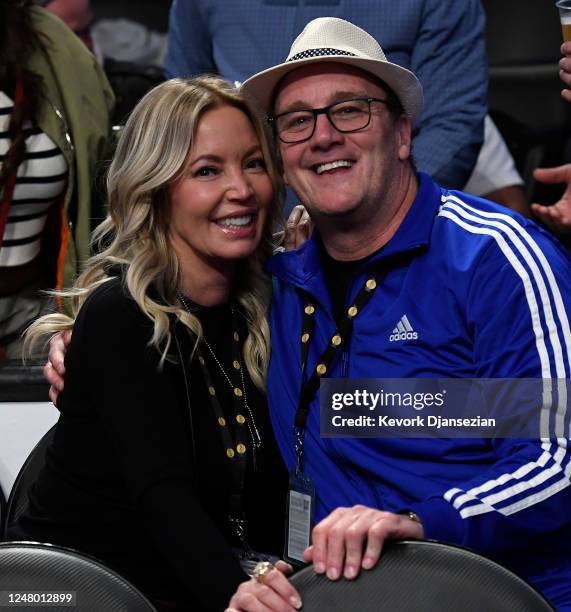 Jeanie Buss, owner of the Los Angeles Lakers and Jay Mohr attend a basketball game between the Los Angeles Lakers and the Toronto Raptors basketball...