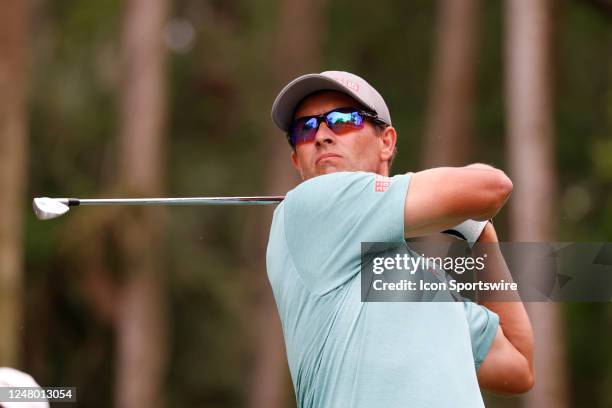 Golfer Adam Scott hits his tee shot on the 8th hole on March 10 during the second round for THE PLAYERS Championship at TPC Sawgrass in Ponte Vedra...