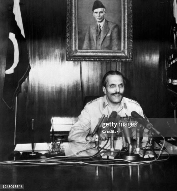 Pakistanese Chief of Army staff General Muhammad Zia-Ul-Haq, who leads army coup, gives a speech on Pakistan radio, 05 July 1977. Appointed Chief of...