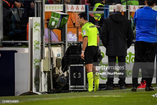 Gianpiero Miele, Arbitro, Referee, VAR during the Italian soccer Serie B match Cagliari Calcio vs Ascoli Calcio on March 10, 2023 at the Unipol Domus...