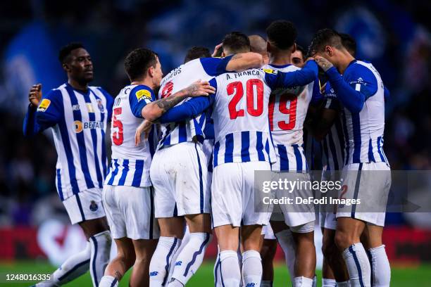 Mehdi Taremi of FC Porto celebrates after scoring his team's third goal during the Liga Portugal Bwin match between FC Porto and GD Estoril at...