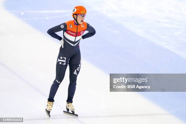 Suzanne Schulting of the Netherlands reacts after competing on the Women's 500m during the ISU World Short Track Speed Skating Championships at...