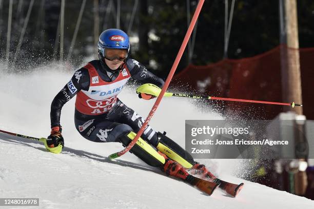 Mikaela Shiffrin of Team United States in action during the Audi FIS Alpine Ski World Cup Women's Slalom on March 11, 2023 in Are, Sweden.