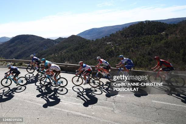 The breakaway of riders cycles during the 7th stage of the 81st Paris - Nice cycling race, 143 km between Nice and Col de la Couillole, south-eastern...