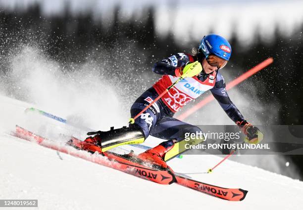 Mikaela Shiffrin competes during the first run of the women slalom competition during the Alpine World Cup in Are, on March 11, 2023. / Sweden OUT