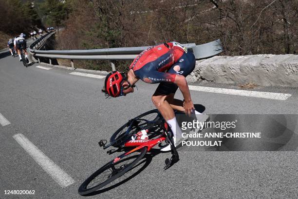 Ineos Grenadiers' British rider Michael Joshua Tarling recovers from a crash during the 7th stage of the 81st Paris - Nice cycling race, 143 km...
