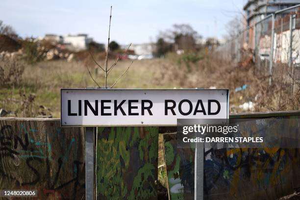 Sign for 'Lineker Road' is pictured near the King Power Stadium in Leicester, central England on March 11 ahead of the English Premier League...