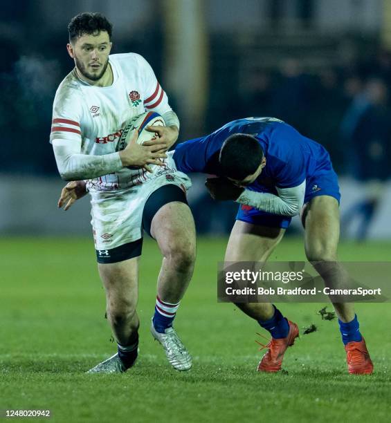 Englands' Joe Jenkins in action during the U20 Six Nations Rugby match between England and France at Recreation Ground on March 10, 2023 in Bath,...