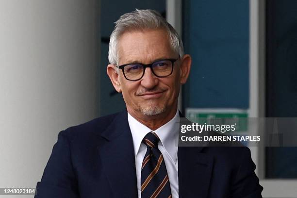 Gary Lineker, former England footballer turned sports TV presenter for the BBC, arrives at the King Power Stadium in Leicester, central England on...