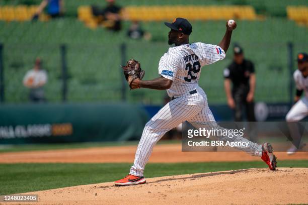 Shairon Martis of Kingdom of The Netherlands during the second match between The Netherlands and Panama of the World Baseball Classics 2023 at...
