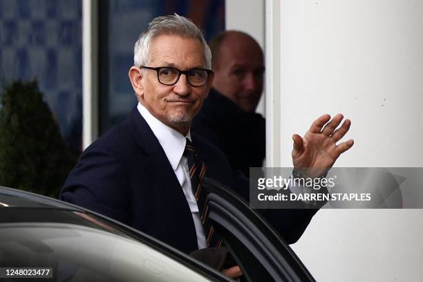 Gary Lineker, former England footballer turned sports TV presenter for the BBC, arrives at the King Power Stadium in Leicester, central England on...