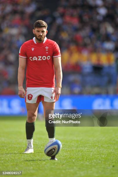 Owen Williams kicks a free kick during the 2023 Guinness Six Nations Rugby Championship match between Italy and Wales at the Olimpic Stadium in Rome,...