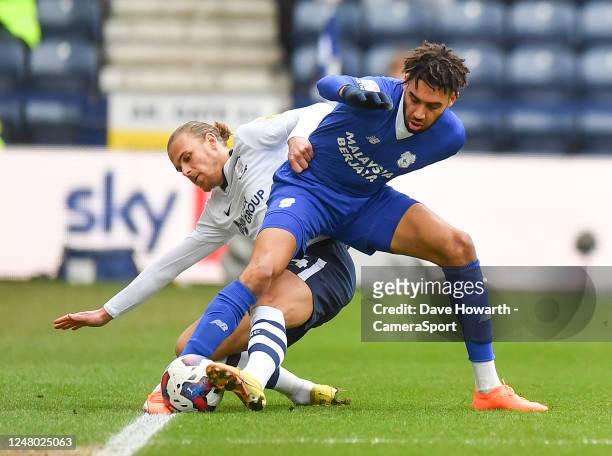 Preston North End's Brad Potts battles with Cardiff City's Kion Etete during the Sky Bet Championship between Preston North End and Cardiff City at...