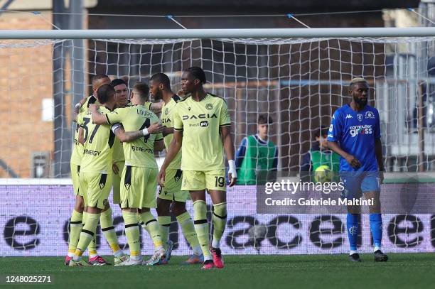 Rodrigo Nascimento França known as Rodrigo Becão of Udinese Calcio celebrates after scoring a goal during the Serie A match between Empoli FC and...