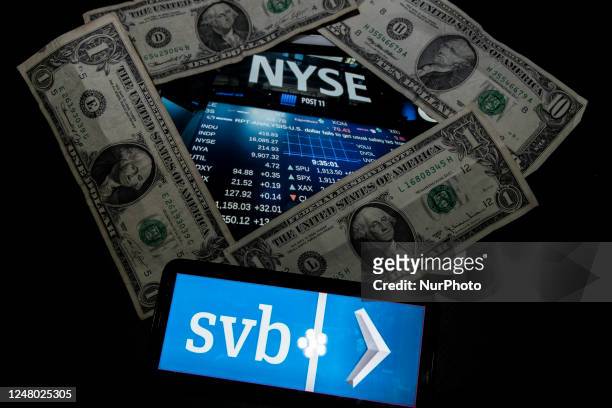 Photo illustration of the logo of Silicon Valley Bank with the NYSE and dollars in the background, in Rome, Italy, on March 11, 2023. -- SVB...
