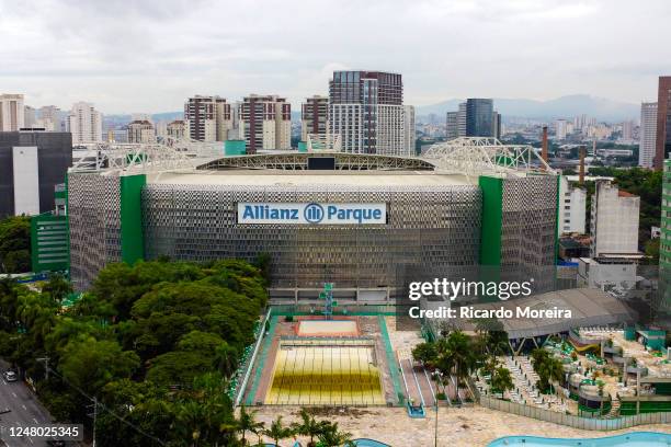 Aerial view of the Allianz Parque stadium before the match between Palmeiras and Sao Bernardo as part of Quarter Finals of Campeonato Paulista at...