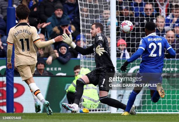 Chelsea's Portuguese striker Joao Felix shoots but fails to score during the English Premier League football match between Leicester City and Chelsea...