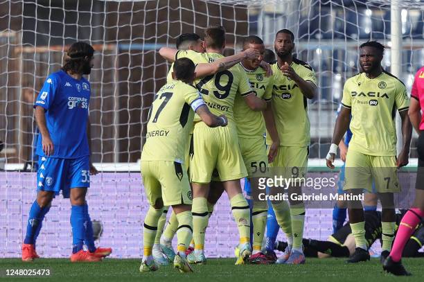 Rodrigo Nascimento França known as Rodrigo Becão of Udinese Calcio celebrates after scoring a goal during the Serie A match between Empoli FC and...