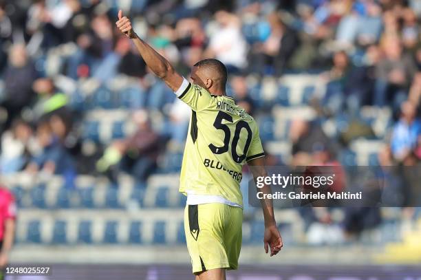 Rodrigo Nascimento França known as Rodrigo Becão of Udinese Calcio celebrates after scoring a goal during the Serie A match between Empoli FC and...