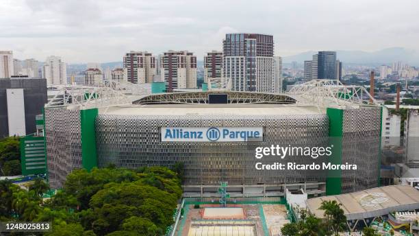 Aerial view of the Allianz Parque stadium before the match between Palmeiras and Sao Bernardo as part of Quarter Finals of Campeonato Paulista at...