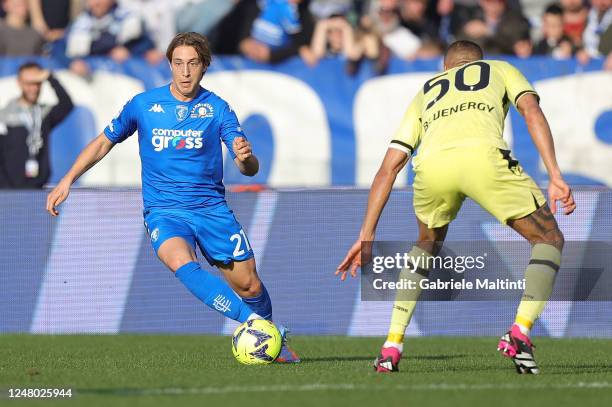 Jacopo Fazzini of Empoli FC in action during the Serie A match between Empoli FC and Udinese Calcio at Stadio Carlo Castellani on March 11, 2023 in...